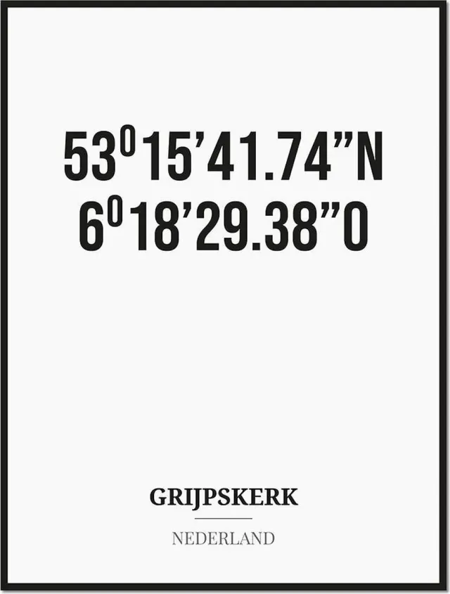 Studio216 Poster/kaart GRIJPSKERK met coördinaten zwart, wit