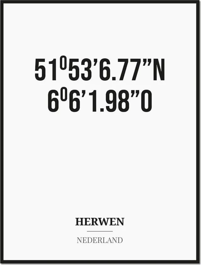 Studio216 Poster/kaart HERWEN met coördinaten zwart, wit