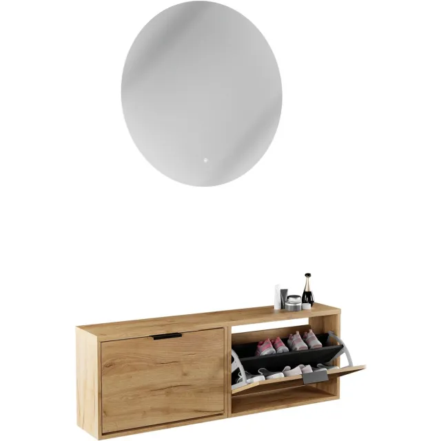 Planetmöbel STIVIO - Schoenenkast 60 cm - Goud eiken - Set van 2 - Met LED-spiegel NOVA ⌀ 80 cm 1 klep, Goud eiken Nova 80cm