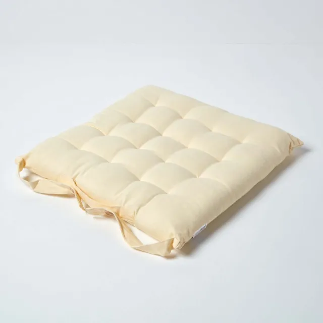 Homescapes stoelkussen – katoenen zitkussen – crème – 40x40 cm – met lint – voor eetkamer & buitengebruik
