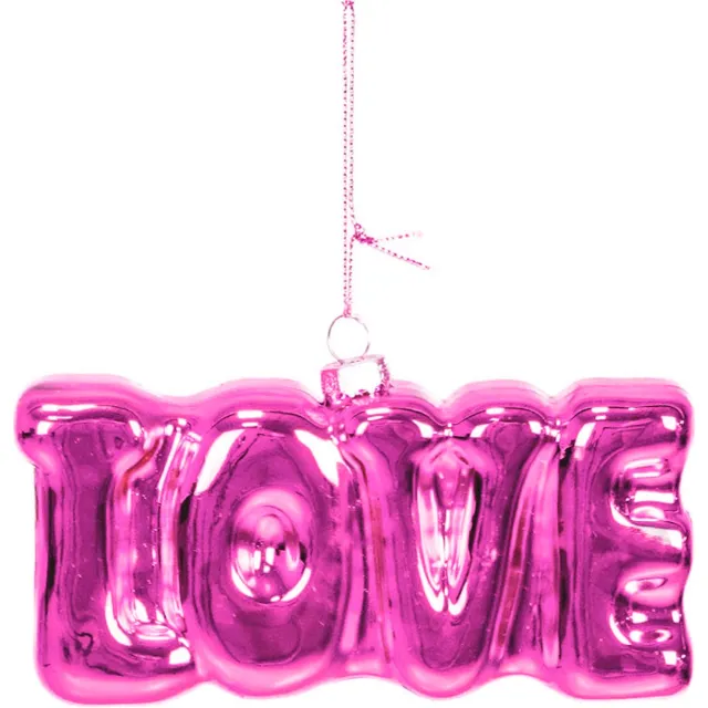 Housevitamin Kersthanger LOVE – Glas Roze – 14,5x3,5x7 cm – Trendy Glazen Kerstbal – Vrolijke Kerstversiering