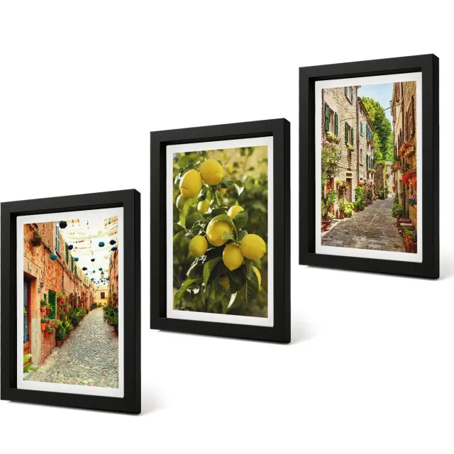 Coloray 4-Delige Schilderij Set - Sfeervolle straatjes met bloemen en citroenen op de achtergrond. - 20 x 30 cm - Moderne Wanddecoratie - Slaapkamer Zwarte lijst