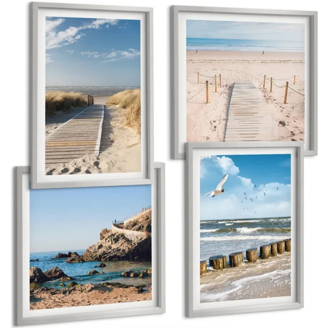 TULUP 4-Delige Schilderij Set - Strand met zand, golven, lucht en vogels in de lucht. - 40 x 40 cm en 40 x 60 cm - Muurdecoratie - Schilderijen Set - Woonkamer - Stijlvolle Muurdecoratie Zilveren lijst