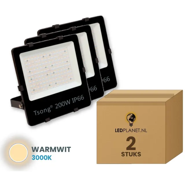 Tsong LED Schijnwerper 200W - 28.000 lm - Warmwit 3000K - 90° - IP66 - 2 stuks - 5 jaar garantie
