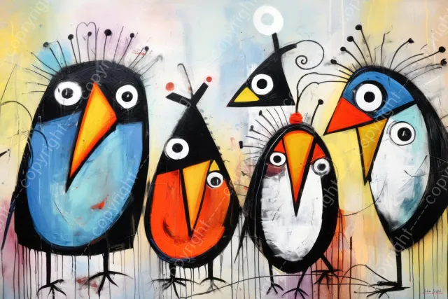 John Joseb Art (Glas) 60x40 | Vogels op een rij, abstract Herman Brood, Joan Miro stijl, modern surrealisme, kleurrijk, kunst | dier, blauw, geel, oranje, rood, modern | Foto-schilderij-glasschilderij-acrylglas-acrylaat-wanddecoratie Acrylglas, dikte 5 mm
