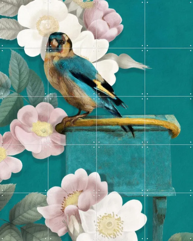 IXXI A Goldfinch On Teal, Marja van den Hurk - 80 x 100 cm - Grote wanddecoratie en posters - Naturalisme, Speels, Fantasierijk, Modern, Kleurrijk Groen / Wit / Blauw / Roze