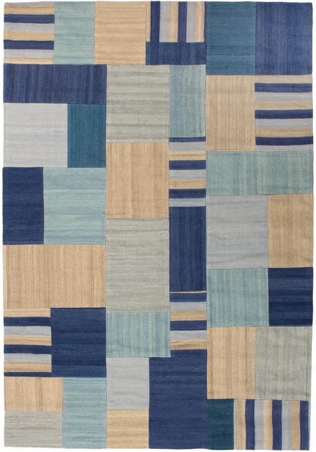 Padiro design laagpolig vloerkleed 80 x 150 cm - donkerblauw - modern geometrisch patroon - voor vloerverwarming - van wol en katoen