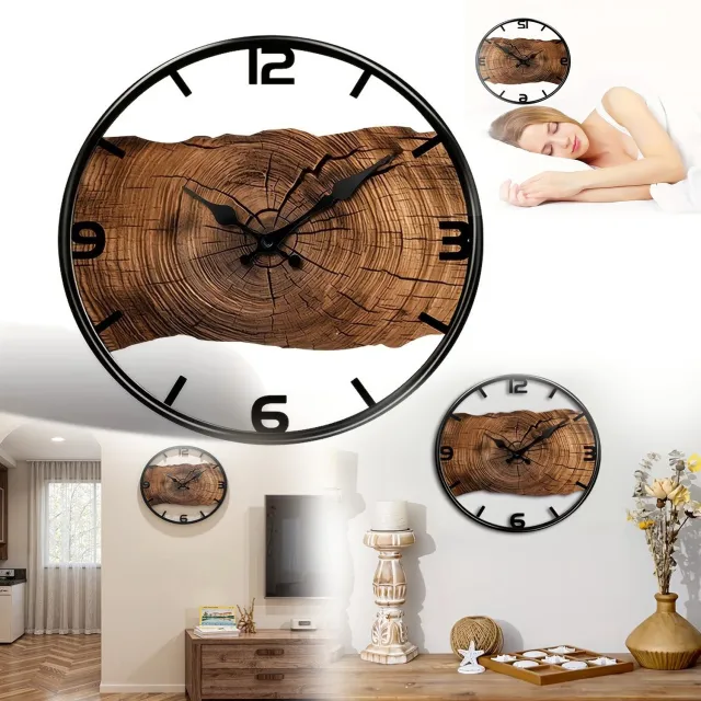 Buyya Klok Met Houtnerf Uitsnijding, Stille Houten Wandklok, Decoratieve Hangklok Met Bijtring Patroon. Zwart en bruin