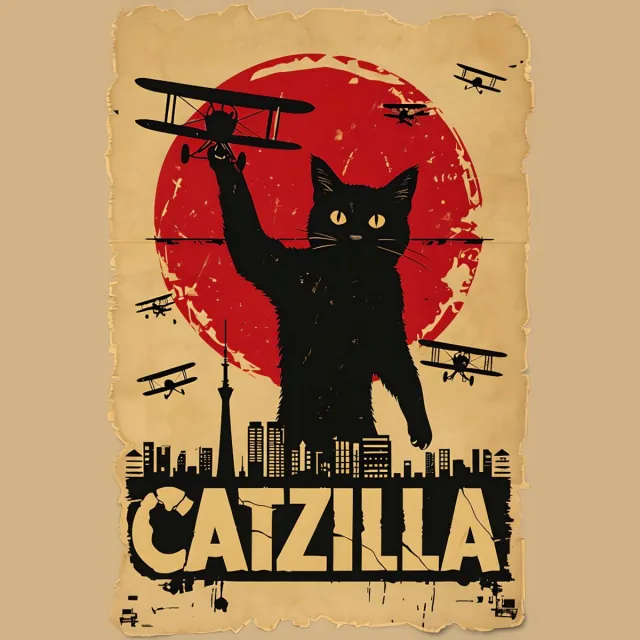 Catzilla Vintage Monster Cat Poster (A4, glanzende afwerking) Beige