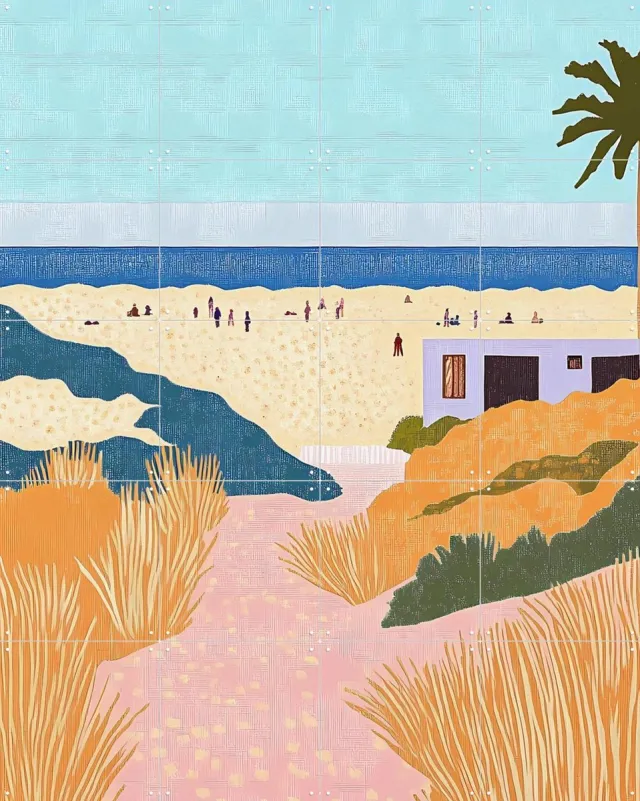 IXXI Stranddag, Artclaud - 80 x 100 cm - Grote wanddecoratie en posters - Speels, Illustraties, Digitale Kunst, Kleurrijk, Woonkamer, Studeerkamer Roze / Blauw / Oranje