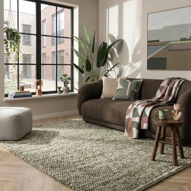 Art Weavers Wollen bolletjes vloerkleed - Ventura Groen / Beige - Wol Tapijt Woonkamer