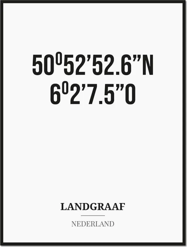 Studio216 Poster/kaart LANDGRAAF met coördinaten zwart, wit