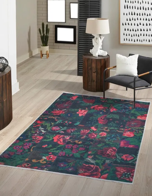 flycarpets Adrasos Patchwork Vloerkleed - Gebloemd - Zwart