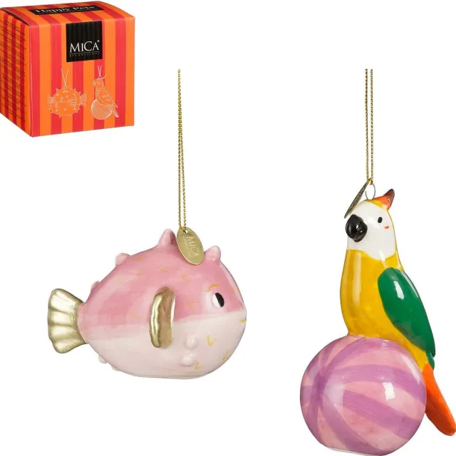 Mica Decorations kerstornament cadeau set - papegaai - vis (2 stuks) Roze, geel