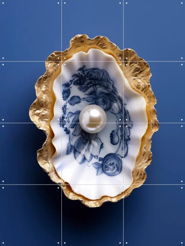 IXXI Delft Blue Oyster with Gold, OTTI - 60 x 80 cm - Grote wanddecoratie en posters - Klassiek, Vintage, Keuken, Woonkamer, Gang, Trap, Stilleven Goud / Blauw