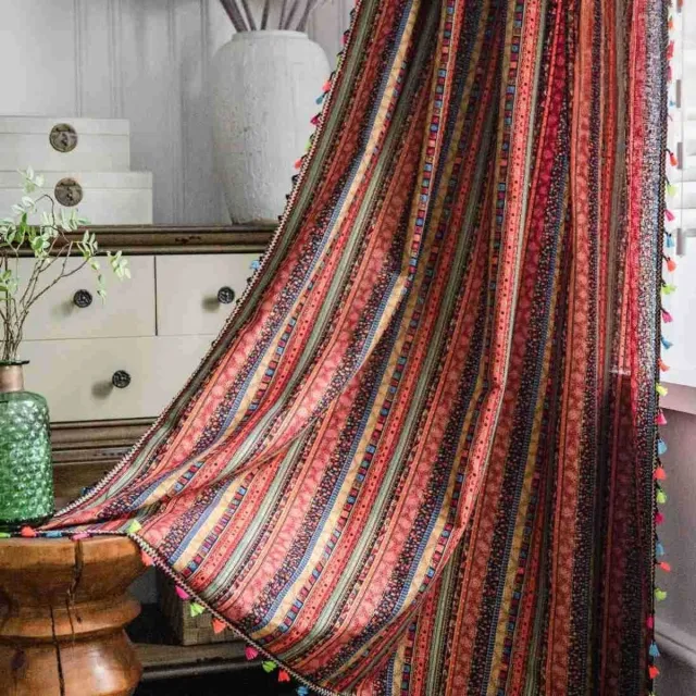 Floraweg Linnen Boho-gordijnen met textuur, kleurrijke gestreepte print, lichtfilterende gordijnen voor de woonkamer, gordijnen met roedezak en kwastjes,140x270cm