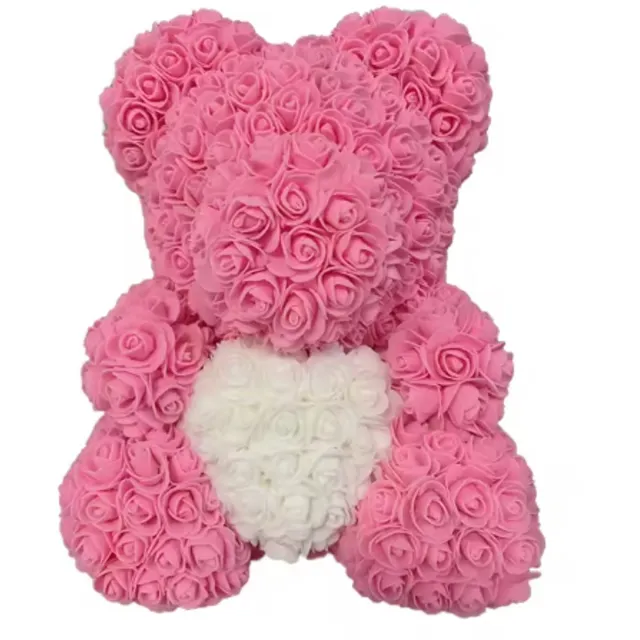 BujZoone Roze Rozenbeer 40 cm met Wit Hart-Teddybeer van Kunstrozen +Transparante Geschenkdoos roze met wit