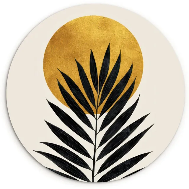WallCircle Wandcirkel 90x90 cm - Muurcirkel Zwart palmblad - Gouden cirkel - Beige achtergrond - Muurdecoratie woonkamer - Wanddecoratie slaapkamer - Kamer decoratie accessoires - Ronde schilderijen Palmblad - Cirkel