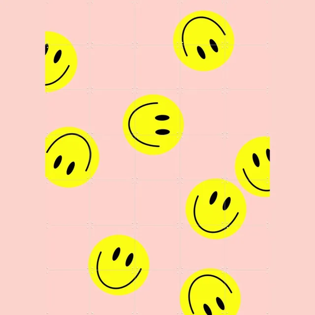 IXXI Flying Smiley, Hej.Ibiza - 100 x 140 cm - Grote wanddecoratie en posters - Digitale Kunst, Speels, Minimalisme, Fantasierijk, Kleurrijk Geel / Roze