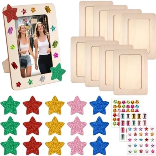 PromoHome DIY Fotolijsten Set - 8 Stuks Houten Lijsten met Decoratiemateriaal Bruin