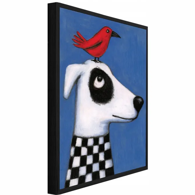 WALLARENA Schilderij met reliëf 60x40 cm - zwarte lijst - hond en vogel in folkstijl - woonkamer en slaapkamer Blauw