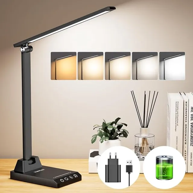 W Draadloze LED Bureaulamp – Dimbare Tafellamp – 2500mAh Oplaadbare Batterij – 5 Kleuren & 10 Helderheidsniveaus – USB Oplaadbaar – Oogvriendelijke Kantoorlamp – Zwart