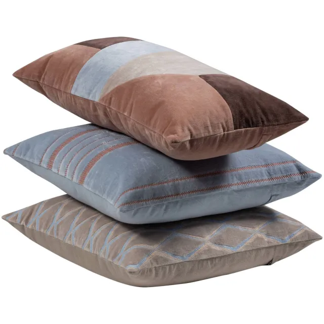 WOOOD Laon Kussens - Velvet stof - Naturel/Blauw - Set Van 3 natural