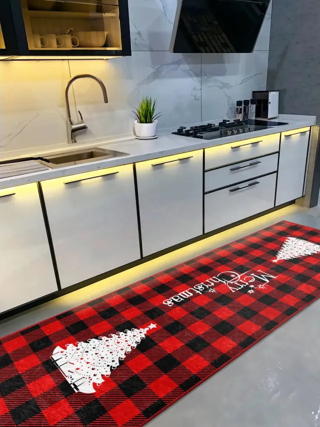 De Groen Home Vloerkleed 80x220cm - Keukenloper - Kerstboom - Wasbaar Antislip - Laagpolig Zacht Tapijt Zwart