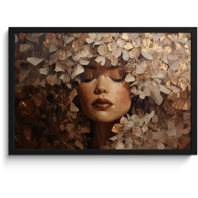 FrameYourWall Poster in lijst - Fotolijst 60x40 cm - Posters - Gezicht - Vrouwe - Bladeren - Penseelstreken - Posterlijst zwart - Decoratie - Wanddecoratie woonkamer - Muurdecoratie slaapkamer Gezicht - Vrouw - Bladeren