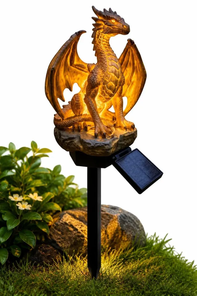 VHV Tuinbeelden voor buiten - Tuinverlichting op zonneenergie - Drakenbeeld met solar LED-lampjes - Cadeau-beeldjes - decoratie voor gazon, terras en tuinpad Zwart