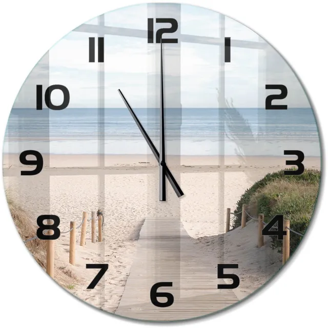 TULUP Wandklok - De weg naar het strand Klok Glas Met Opdruk - fi60 cm - Beige Moderne Wandklok Glas - Zwarte handen - Ronde Klok - Decoratieve Glazen Klok - Glazen Wandklok Design