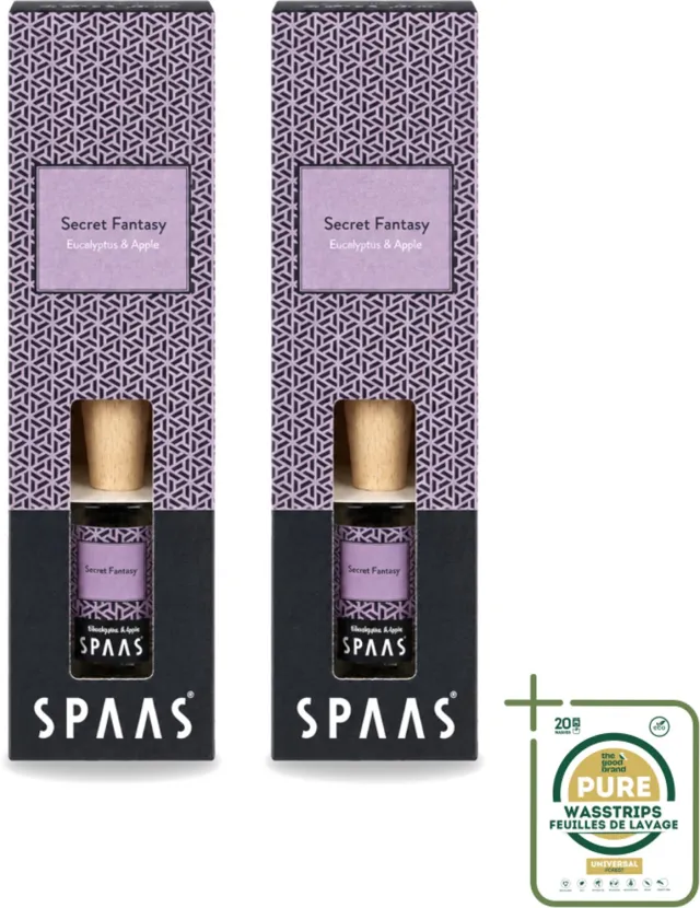 Spaas 2 x Spaas - Geurstokjes - Secret Fantasy - Eucalyptus En Appel - 80 ml - Wasstrips - Geurstokjes - Geurverspreider - Eucalyptus En Appel - Frisse Geur - Natuurlijke Geur Mauve