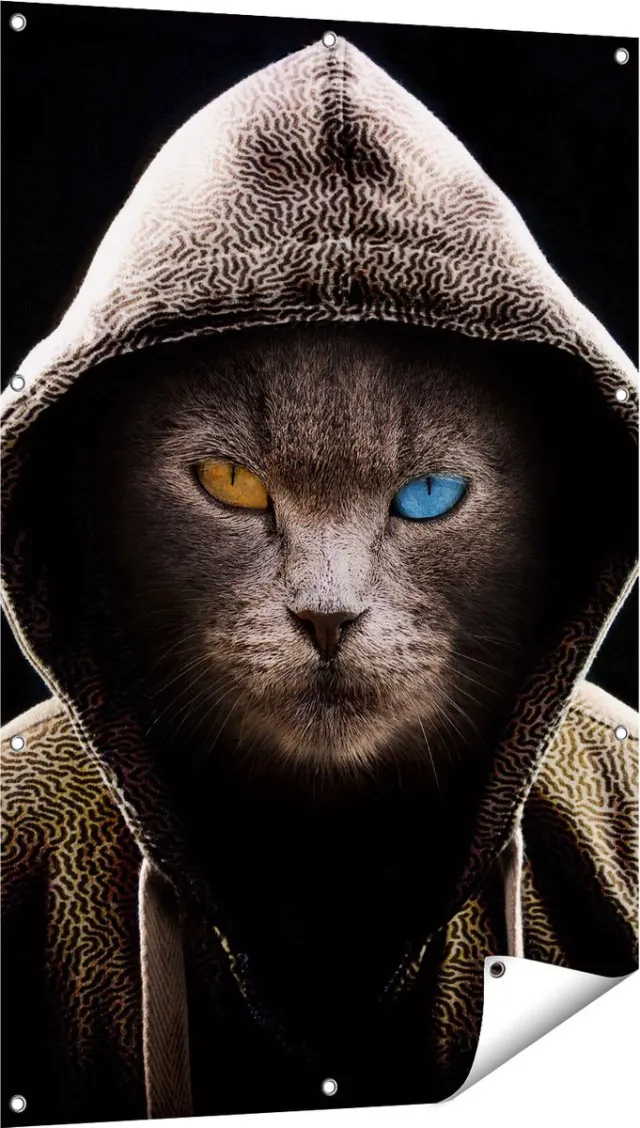 Gards Tuinposter Boze Kat Draagt een Hoodie - 80x120 cm - Tuindoek - Tuindecoratie - Wanddecoratie buiten - Tuinschilderij Multikleur