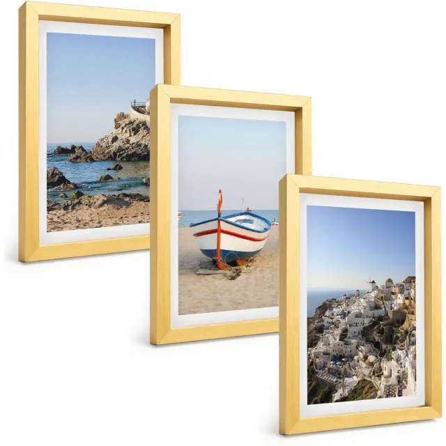 TULUP 4-Delige Schilderij Set - Uitzicht op zee met boten en witte huizen in Griekenland - 20 x 30 cm - Muurdecoratie - Schilderijen Set - Woonkamer - Wanddecoratie Gouden lijst