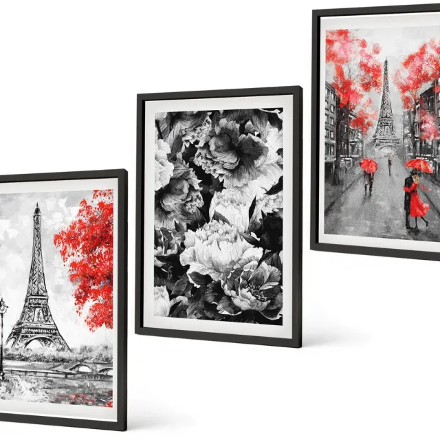 Coloray 3-Delige Schilderij Set - Eiffeltoren In Grijs Met Rode Accenten - 40 x 60 cm - Wanddecoratie - Muurdecoratie - Moderne Interieurdecoratie - Moderne Wanddecoratie Zwarte lijst