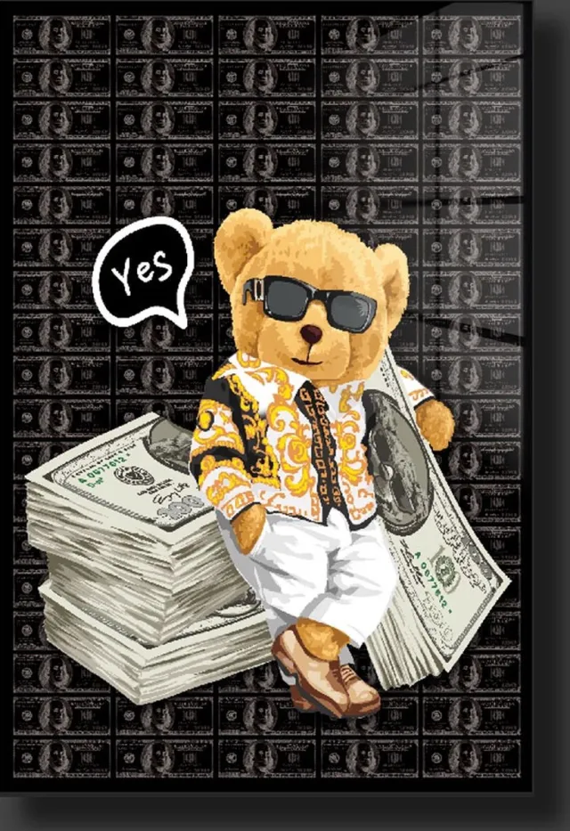 blackarts crazy rich bear schilderij op plexiglas 60x90cm kleur
