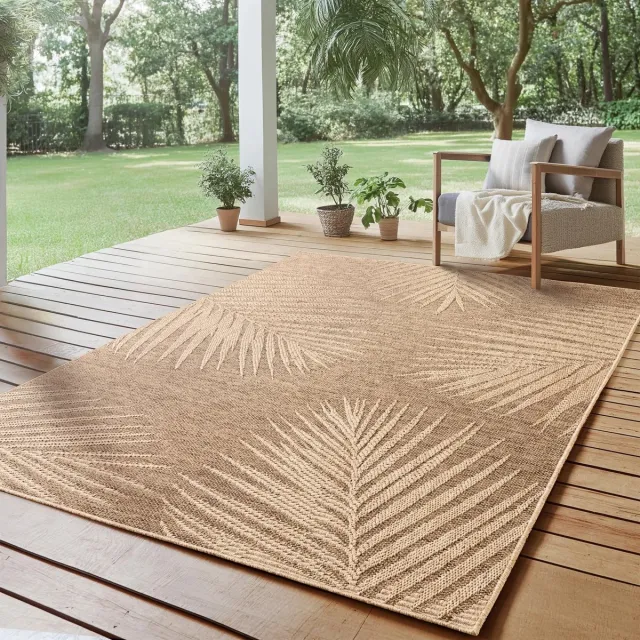 Famanu Weerbestendig vloerkleed van 200x290 cm, onderhoudsvriendelijk jute met natuurlijke look en palm design, geschikt voor woonkamer, slaapkamer, terras en tuin Zwart