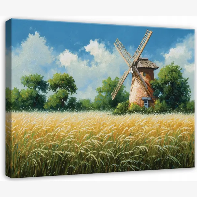 WALLARENA Schilderij op canvas - 60x40 cm - afbeelding van een weiland met een windmolen in de natuur - Geschikt voor slaapkamer, woonkamer, keuken Veelkleurig
