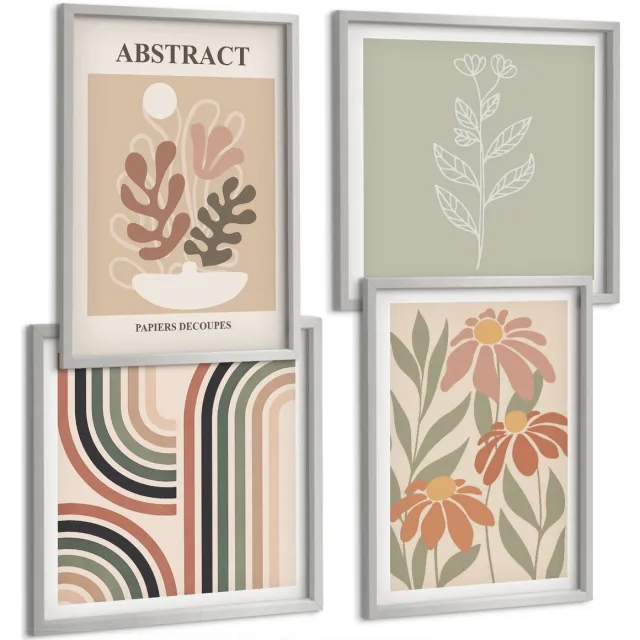 TULUP 4-Delige Schilderij Set - Abstracte planten en patronen in pastelkleuren - 40 x 40 cm en 40 x 60 cm - Wanddecoratie - Schilderijen Set - Interieur - Moderne Wanddecoratie Zilveren lijst