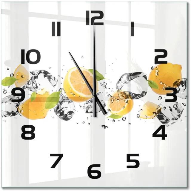 TULUP Wandklok - Citroen en water Wandklok Glas Met Motief - 60x60 cm - Geel Decoratieve Glazen Klok - Zwarte handen - Vierkante Klok - Gekleurde Glazen Klok - Glazen Klok Met Print