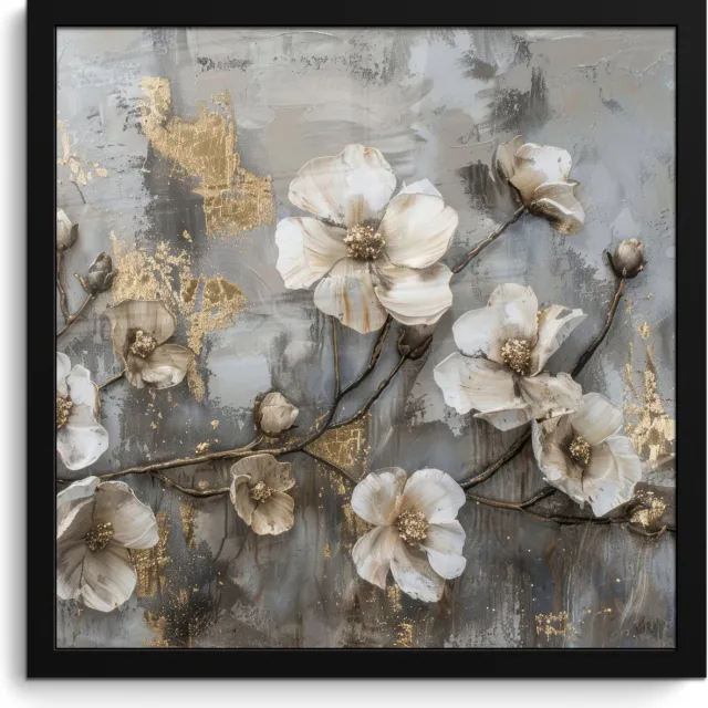 FrameYourWall Poster in lijst - Fotolijst 40x40 cm - Posters - Bloemen - Wit - Grijs - Goud - Luxe - Posterlijst zwart - Decoratie - Wanddecoratie woonkamer - Muurdecoratie slaapkamer