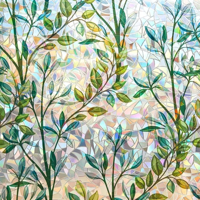 Dutchers Gebrandschilderde Glasfolie 60x220cm – Raamfolie Groen Blad & Regenboog Effect - Decoratiefolie – 2025 Uitgave – Statisch Hechtend, Zonder Lijm, Herbruikbaar – Inclusief Gereedschap