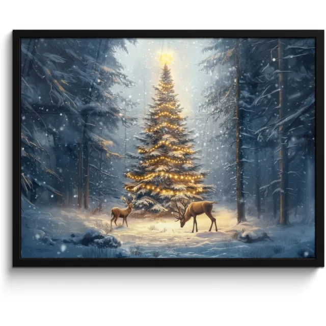FrameYourWall Poster in lijst - Fotolijst 70x50 cm - Posters - Kerstlicht - Woud - Hert - Donker - Posterlijst zwart - Decoratie - Wanddecoratie woonkamer - Muurdecoratie slaapkamer - Kerstversiering - Kerstdecoratie voor binnen - Kerstmis