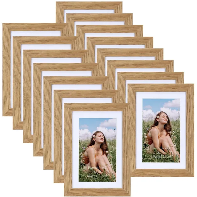 Famanu Set van 15 natuurhoutkleurige fotolijsten, voor foto's van 9 x 13 cm met passe-partout of 10 x 15 cm zonder passe-partout Naturel
