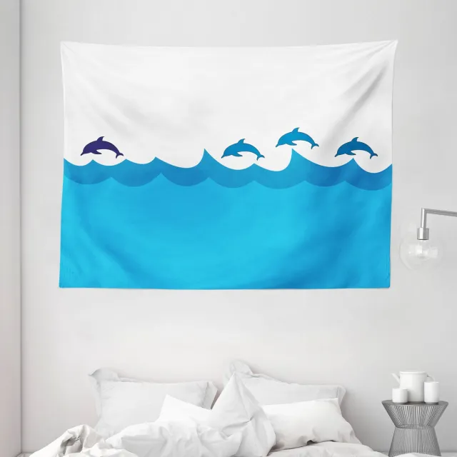 ABAKUHAUS Wandtapijt met zeedieren, Lood en 3 dolfijnen in de schaduw op de golven, 230 x 140 cm, blauw turkoois