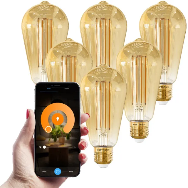 HOFTRONIC Set van 6 Smart Gloeilampen - 7 Watt 806 Lumen - Kooldraadlampen - ST64 Edison Amberkleurig - 1800-3000K - Dimbaar - E27 Filament - Bedienbaar via Google Home & Amazon Alexa