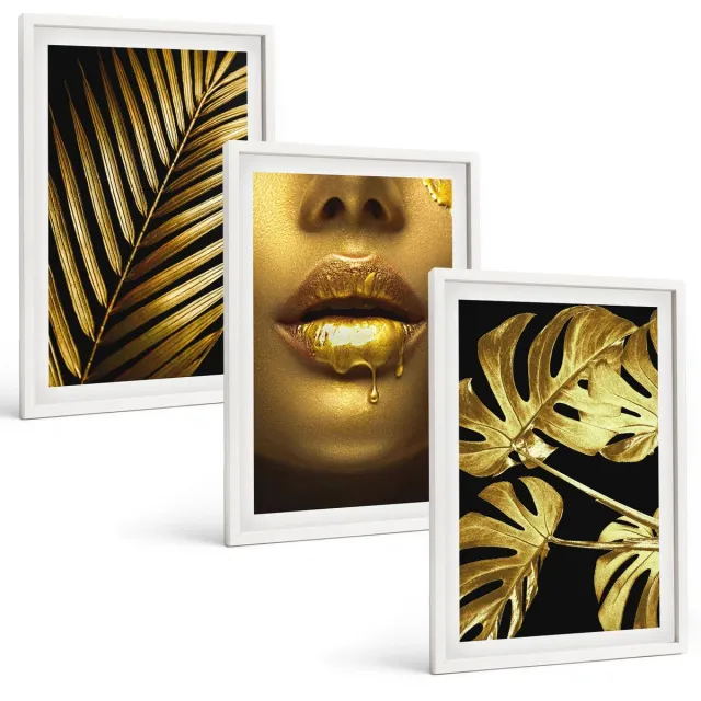 TULUP 3-Delige Schilderij Set - Palmbladeren Vrouwengezicht Monsterabladeren - 40x60 - Wanddecoratie - Woonkamer Decoratie - Stijlvolle Muurdecoratie Witte lijst