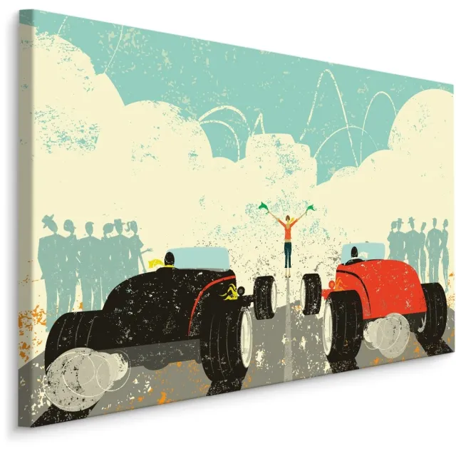 karo-art Schilderij - Retro Autorace, 5 maten, (groen/rood) Premium Print Multikleur