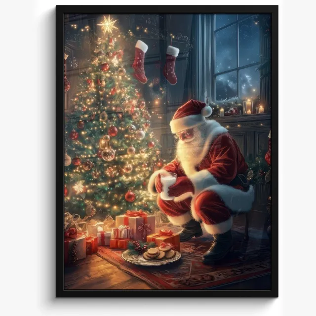 FrameYourWall Poster in lijst - Fotolijst 60x80 cm - Posters - Kerstman - Haard - Donker - Posterlijst zwart - Decoratie - Wanddecoratie woonkamer - Muurdecoratie slaapkamer - Kerstversiering - Kerstdecoratie voor binnen - Kerstmis