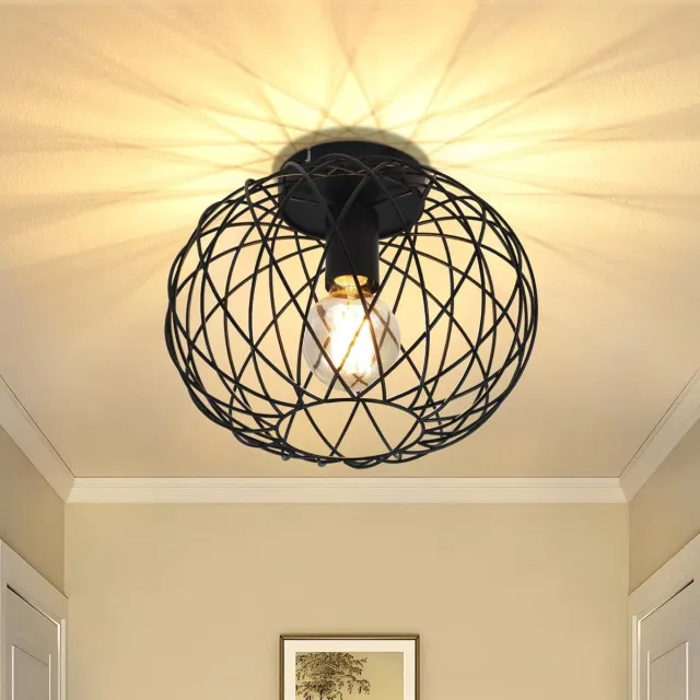 Glitzerlife Plafondlamp - Zwart Industrieel Vintage 1-lichts - E27 Fitting - Rond Ø 25cm Metalen Kooi Lampenkap - Voor Hal Eetkamer Woonkamer Keuken Slaapkamer - Exclusief Lichtbron